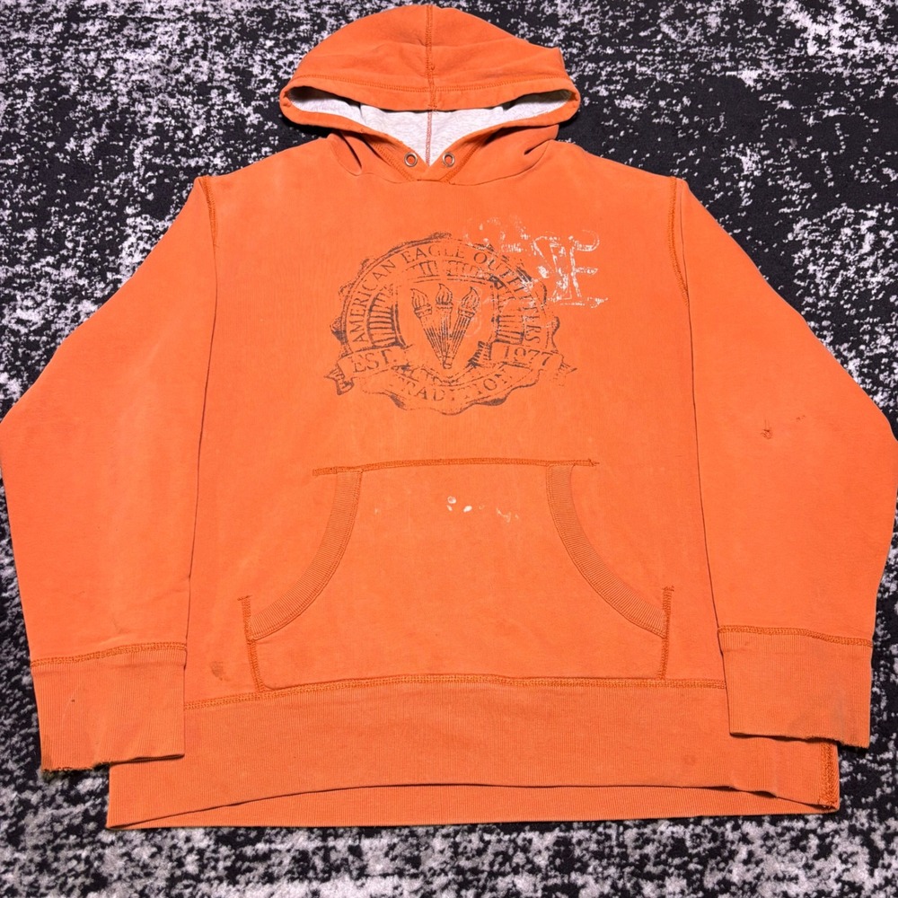 American Eagle Outfitters Mens XL Orange Y2K Skater Graphic Hoodie Distressed
